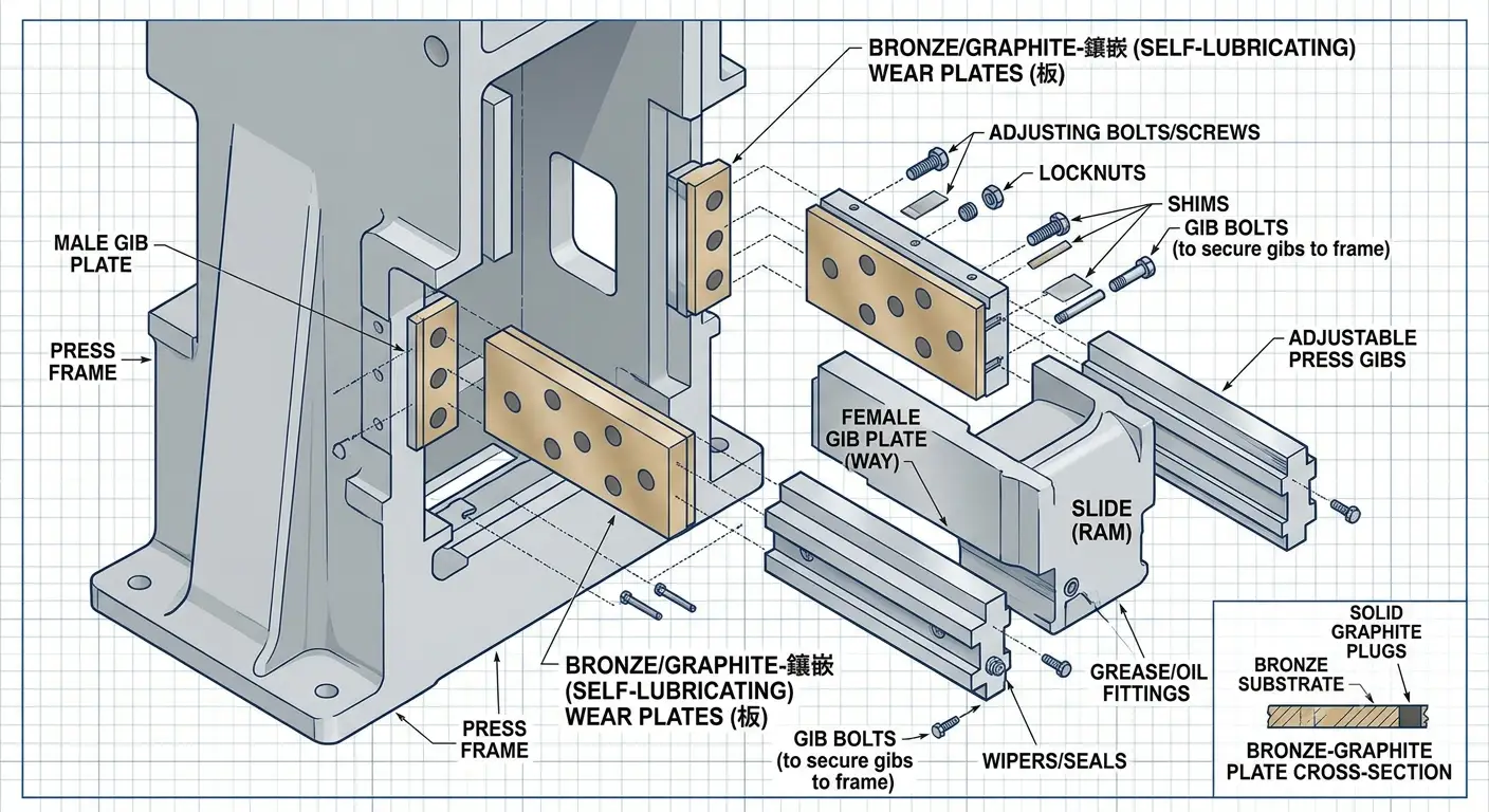 Exploded view of press gib assembly