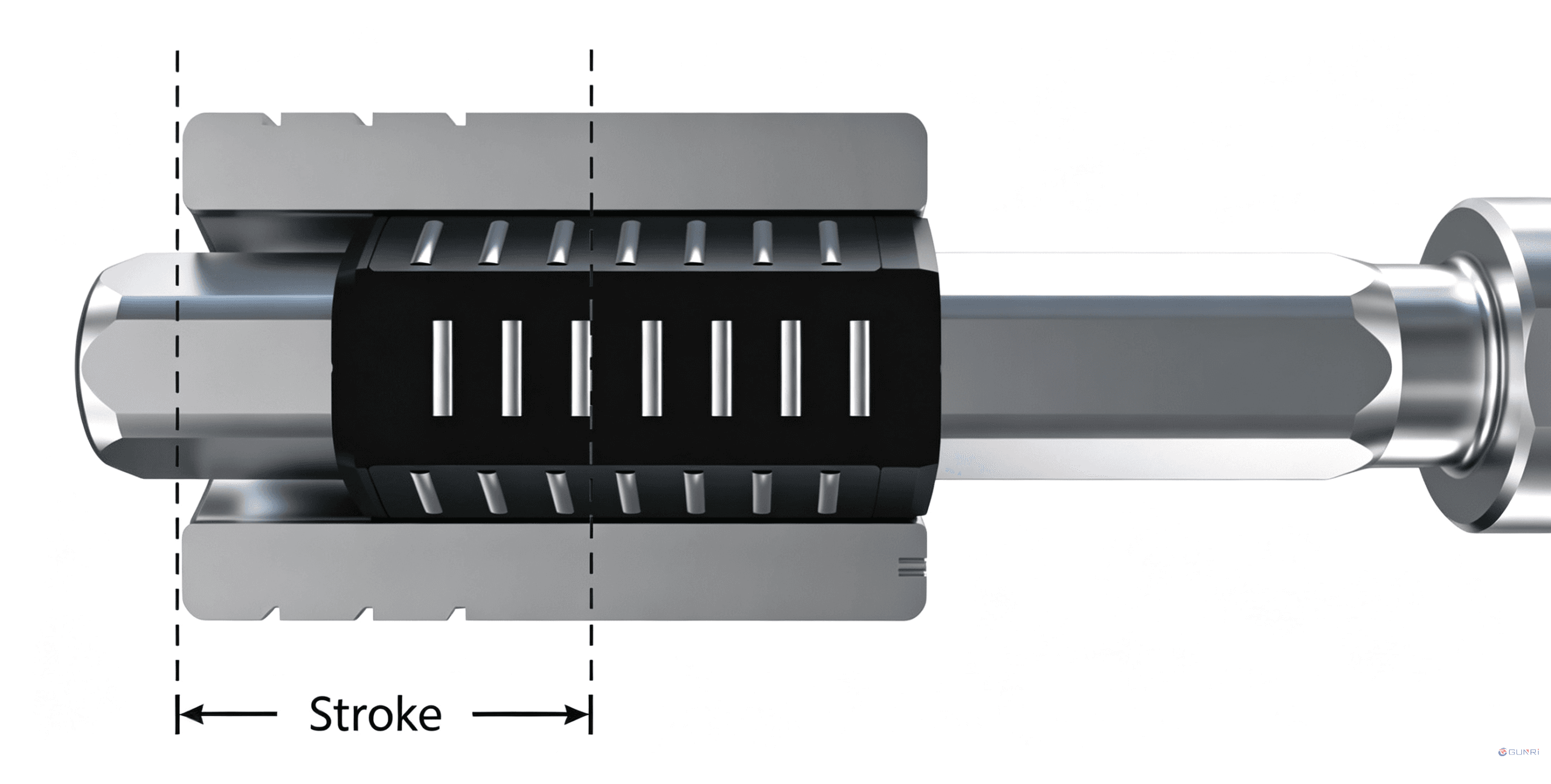 Cross section showing effective stroke of polygon needle guide