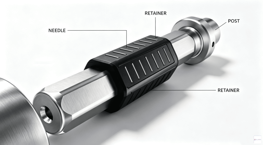 Labeled structure of polygon linear needle guide, post, needle, retainer