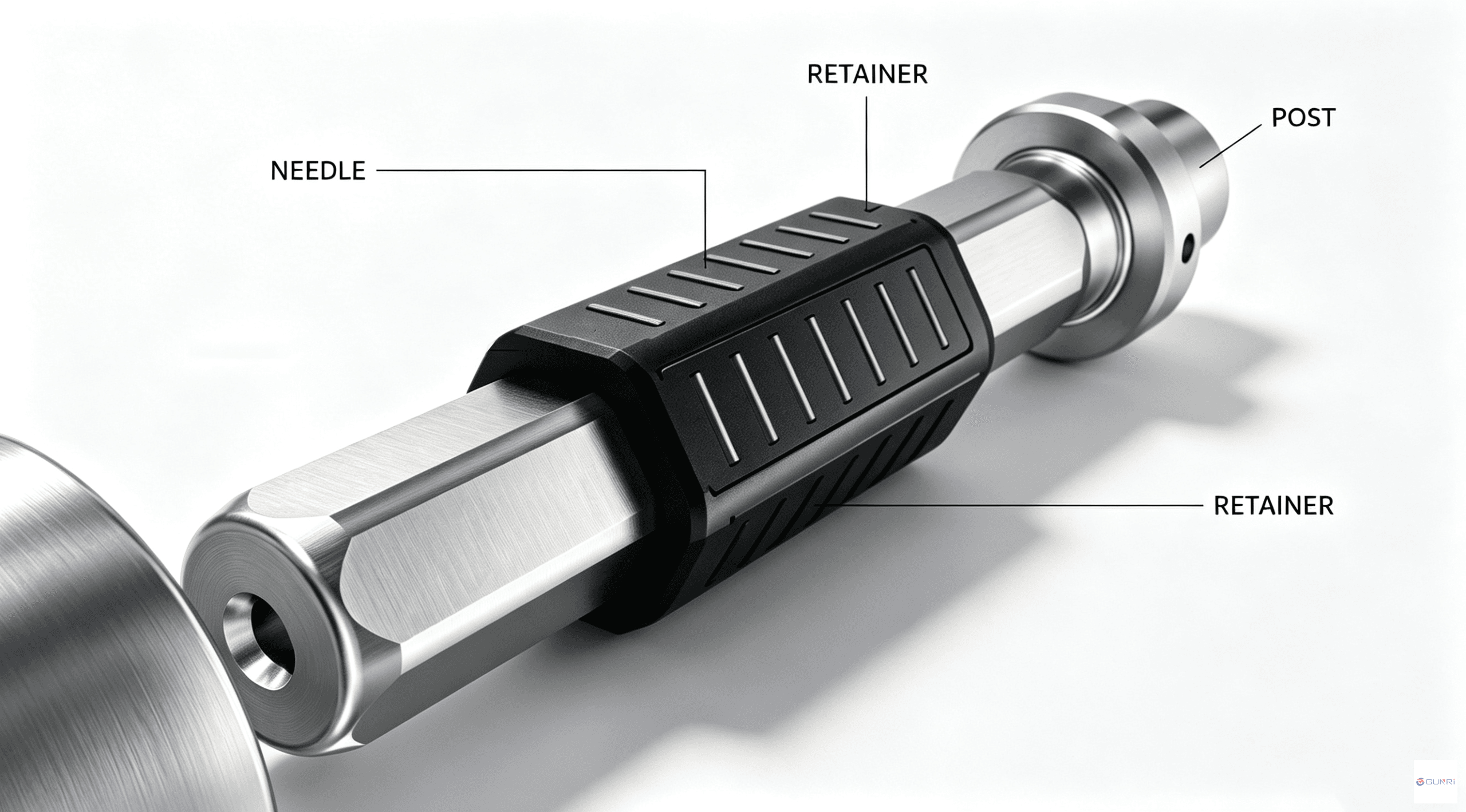 Labeled structure of polygon linear needle guide, post, needle, retainer