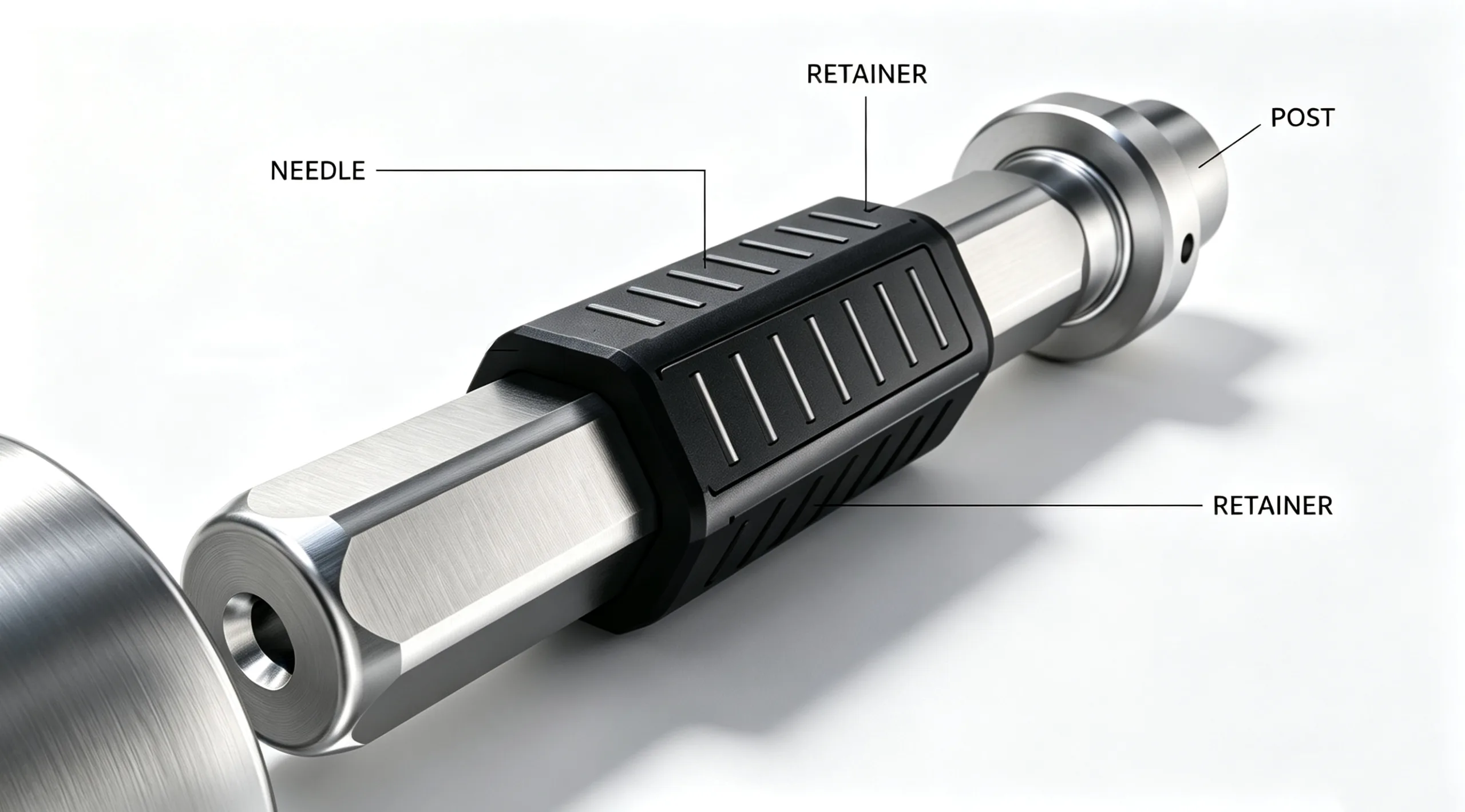Labeled structure of polygon linear needle guide, post, needle, retainer