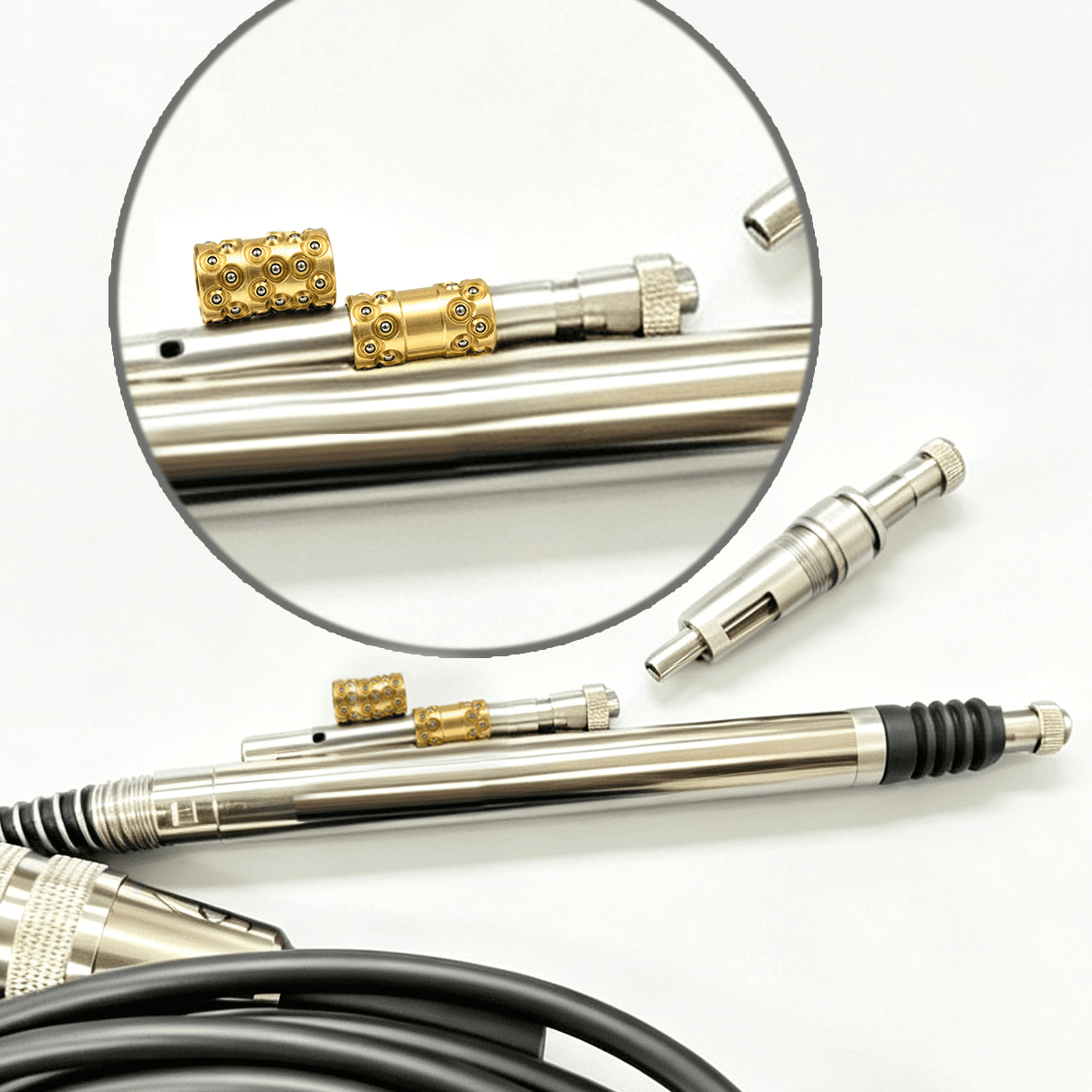 LVDT gage head probe assembly with miniature brass ball cage guidance