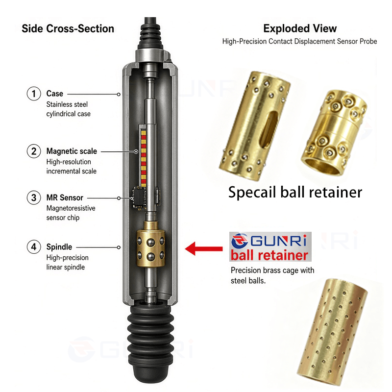 Special ball retainer in LVDT position sensor for injection mold monitoring