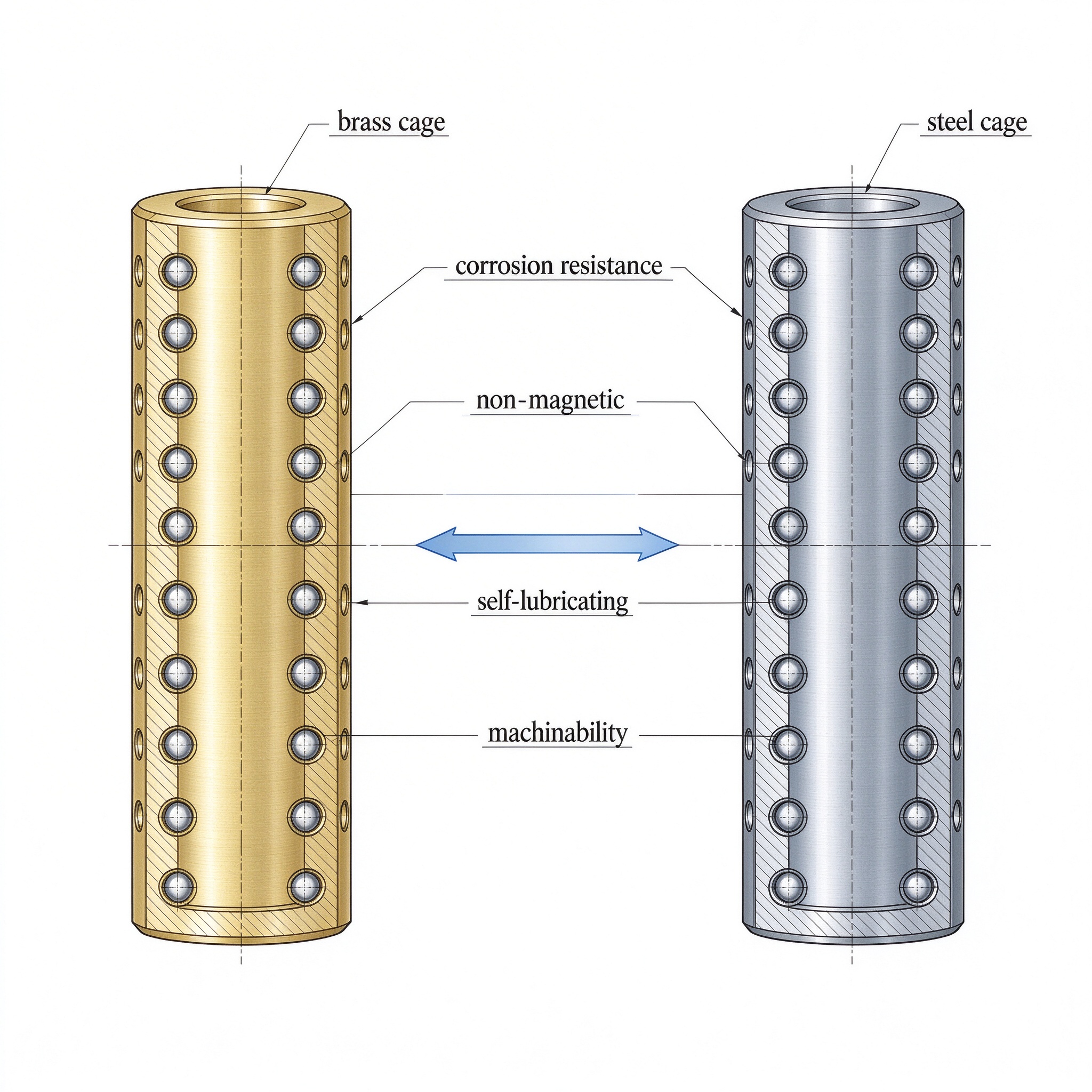 Brass ball cage vs steel ball cage comparison showing corrosion resistance non-magnetic self-lubricating machinability