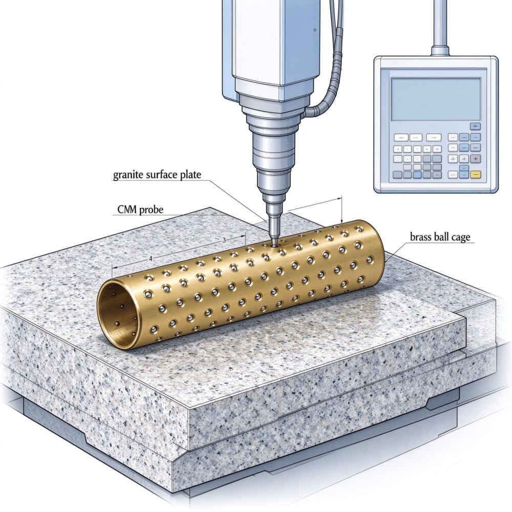 Brass ball cage being measured on a CMM coordinate measuring machine on granite surface plate — precision ball cage inspected to drawing