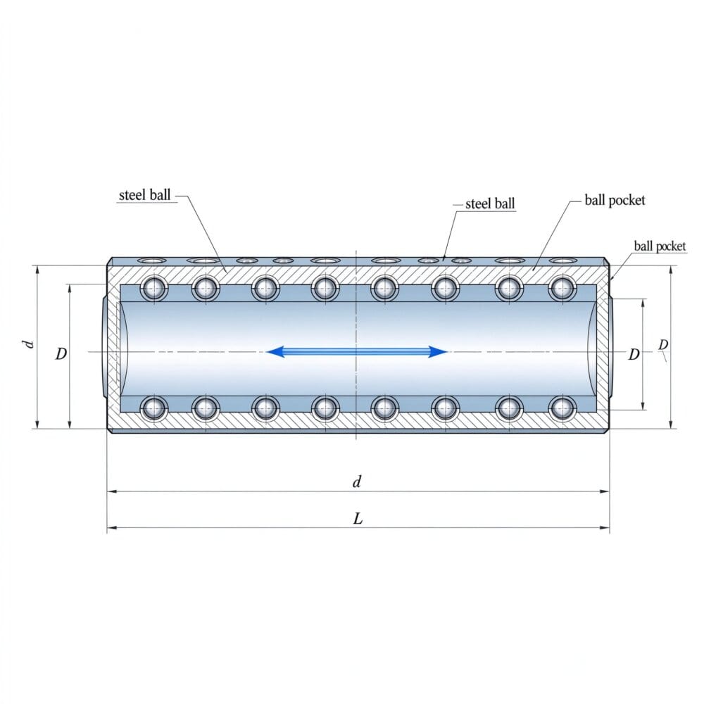 Cross-section of a long cylindrical brass ball cage showing steel balls in wall pockets for linear motion — miniature ball retainer guide set