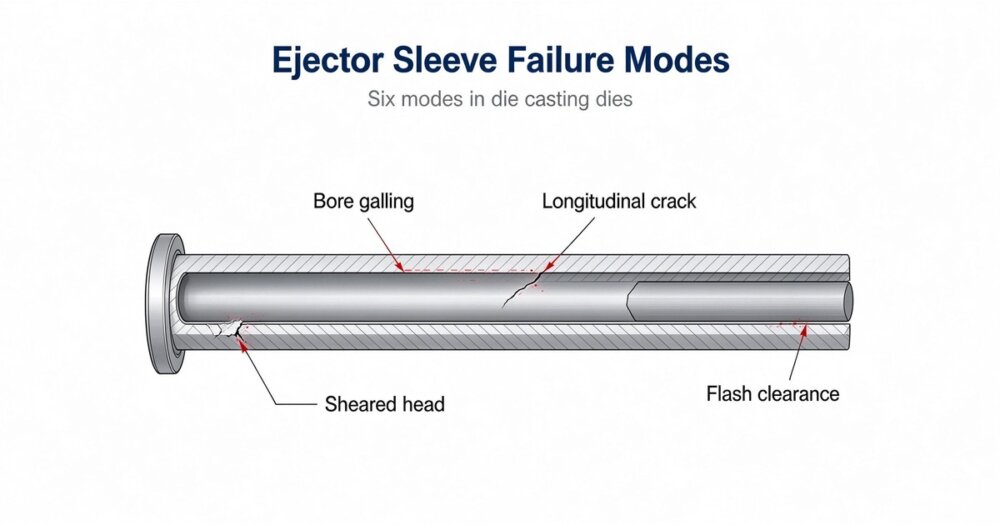 Failed ejector sleeve with bore galling in a die casting die
