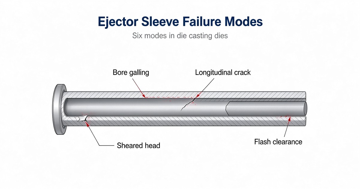 Failed ejector sleeve with bore galling in a die casting die