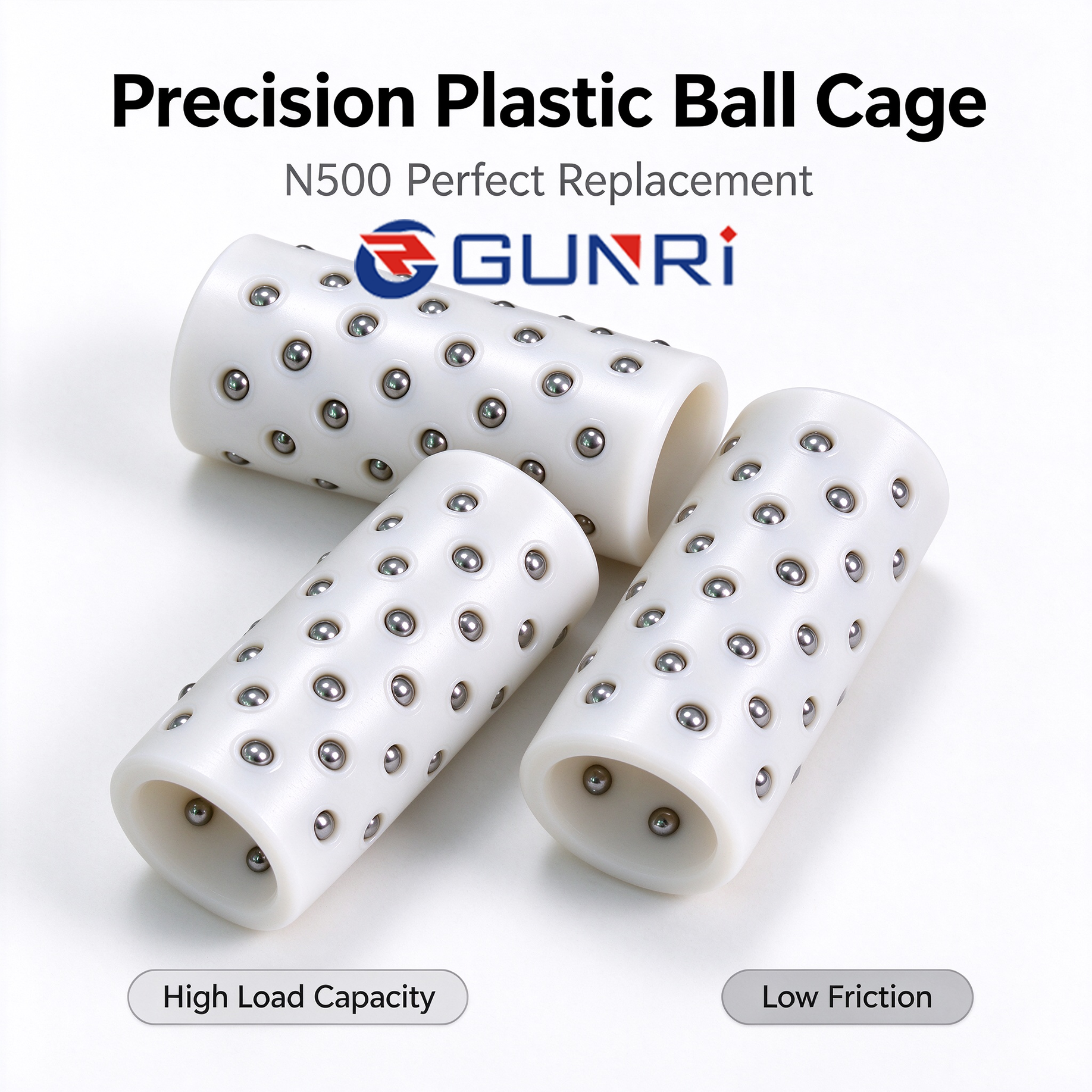 Miniature precision POM plastic ball cage N500 replacement for Mahr standard — white engineering polymer ball retainer with steel balls for miniature linear motion