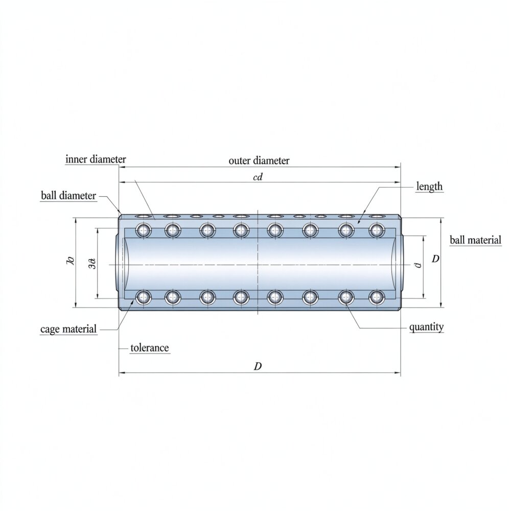 Technical drawing of ball cage showing dimensions needed for quote: inner diameter outer diameter length ball diameter material tolerance quantity