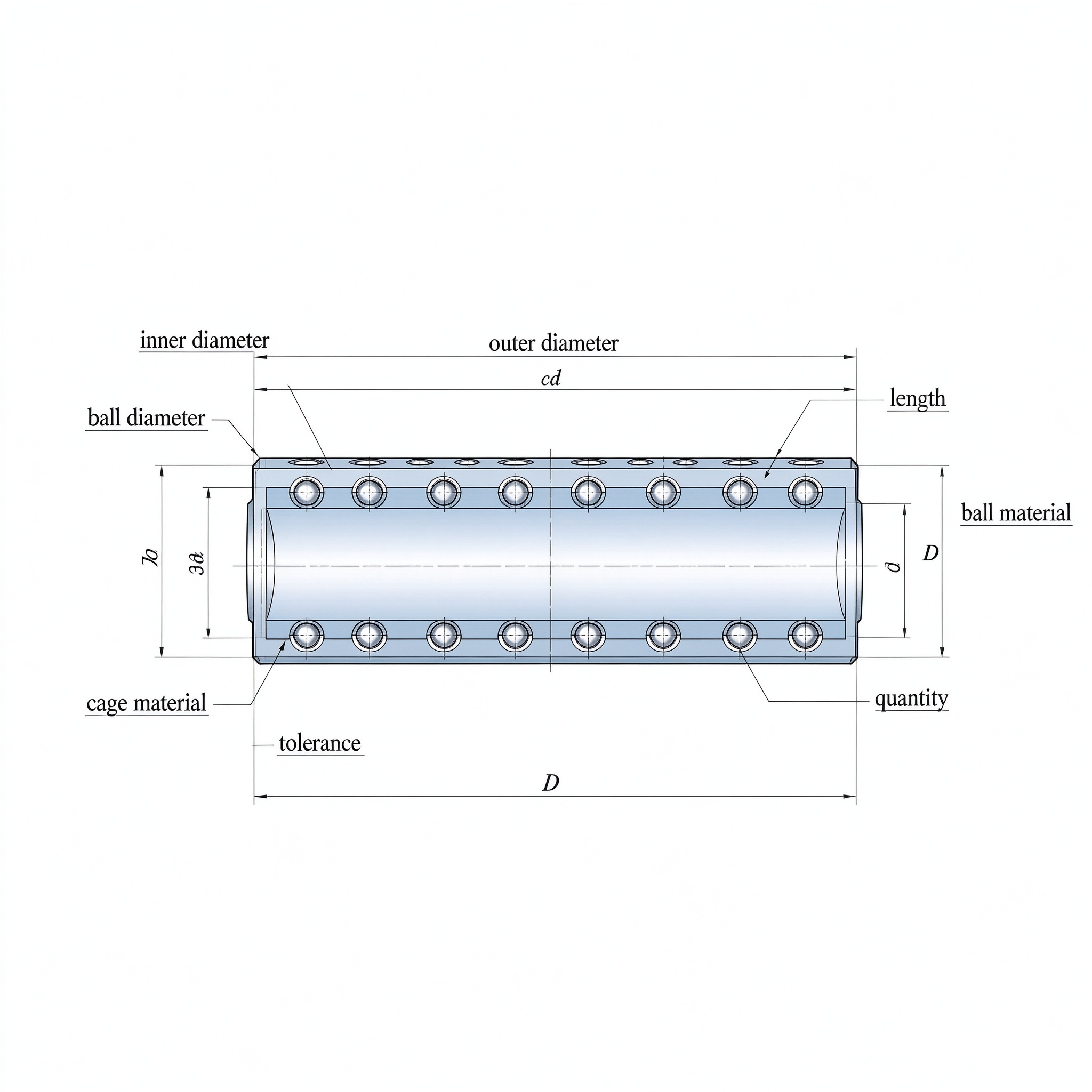 Technical drawing of ball cage showing dimensions needed for quote: inner diameter outer diameter length ball diameter material tolerance quantity